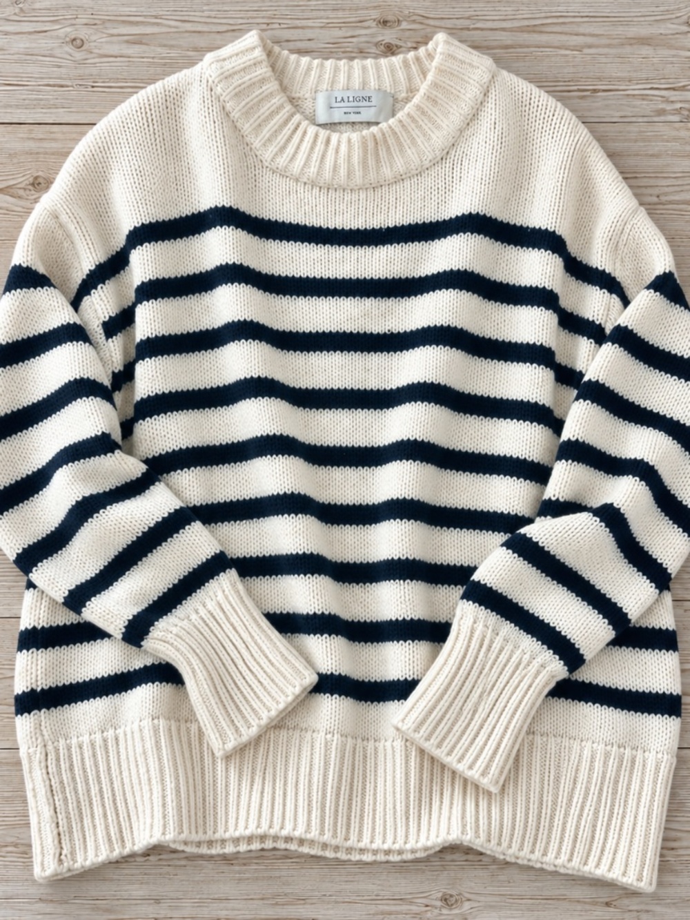 La Ligne Wool Cashmere Striped Crewneck Sweater Cream Navy Small